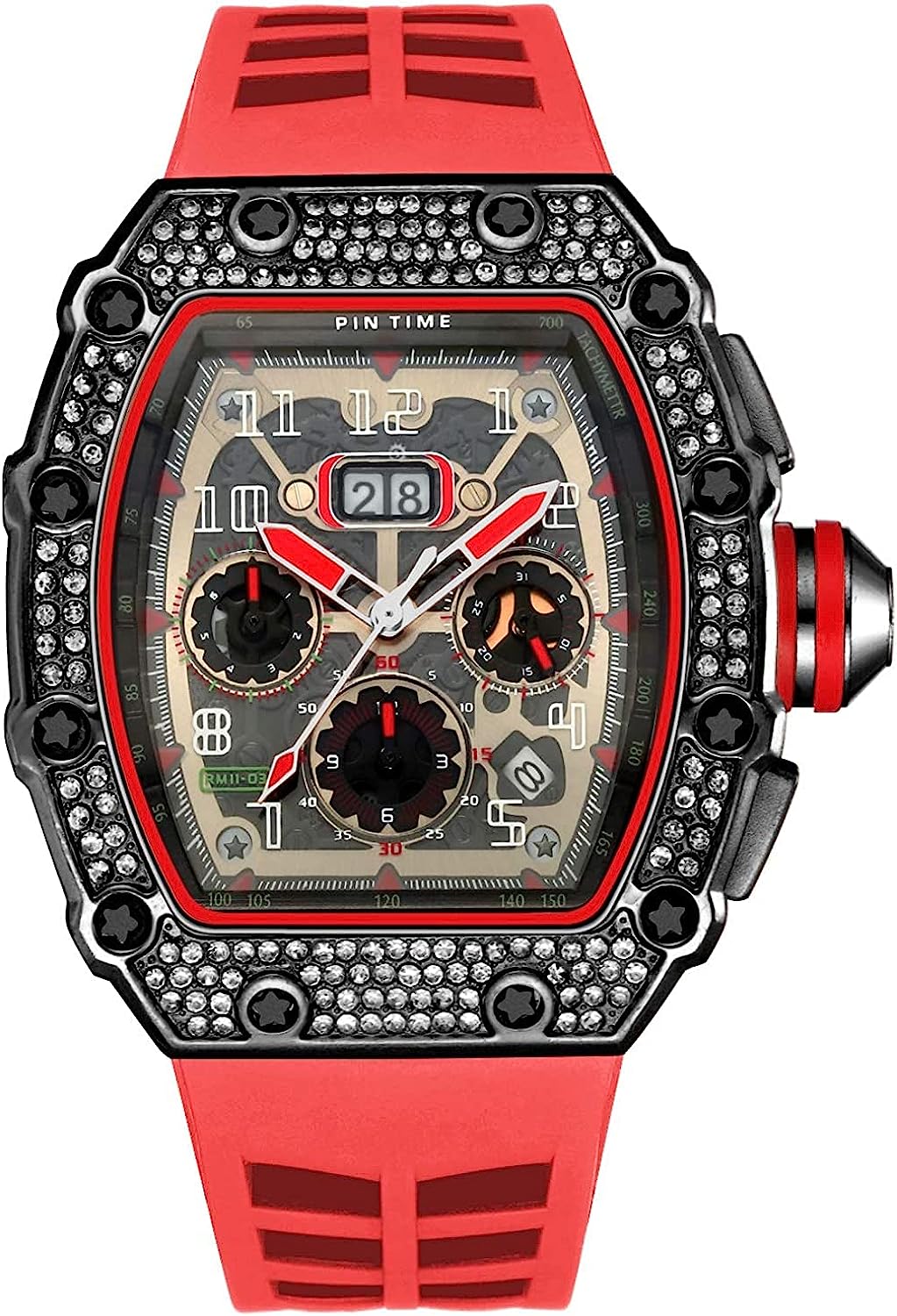 251222113533096_1 Gosasa Mens Diamond Watches Luxury Tonneau Watches for Men Analog Watch Chronograph Calendar Date Men’s Dress Business Work Watch Large Rectangle Face Wristwatch with Silicon Strap - Image 1